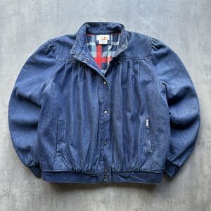 Vintage 90s Dawn Denim Jacket Plaid Lined Puff Sleeve L